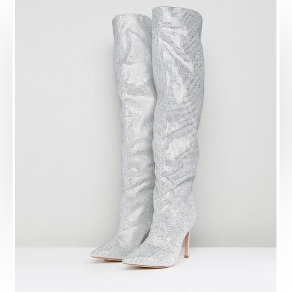 ALDO CLAIRA CRYSTAL SLOUCH STILETTO BOOTS SILVER, SZ 7.5 - Picture 3 of 6